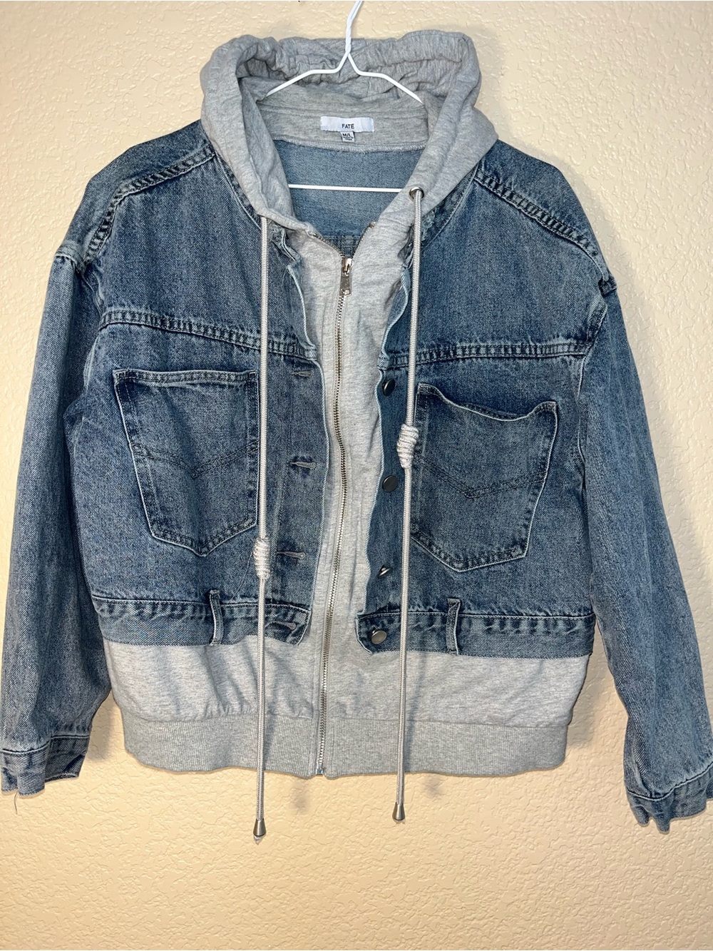 FATE Layered Hooded Denim Jean jacket Sweatshirt Combo Utility Steetwear M/L